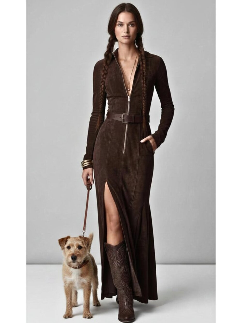 NWT Suede Zipper Front Slit Bodycon Maxi Dress Brown 14 - Picture 6 of 8